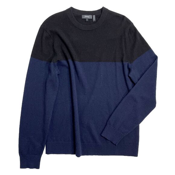Theory Hilles Crew Cashmere Pullover Sweater Colorblock Stretch Blue Black L